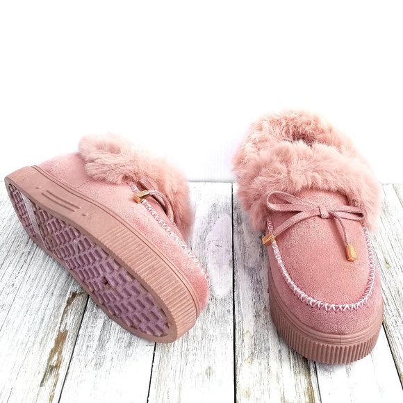 New Blush Pink Furry Moccasin Slip on Slipper Loafers - Picture 3 of 3